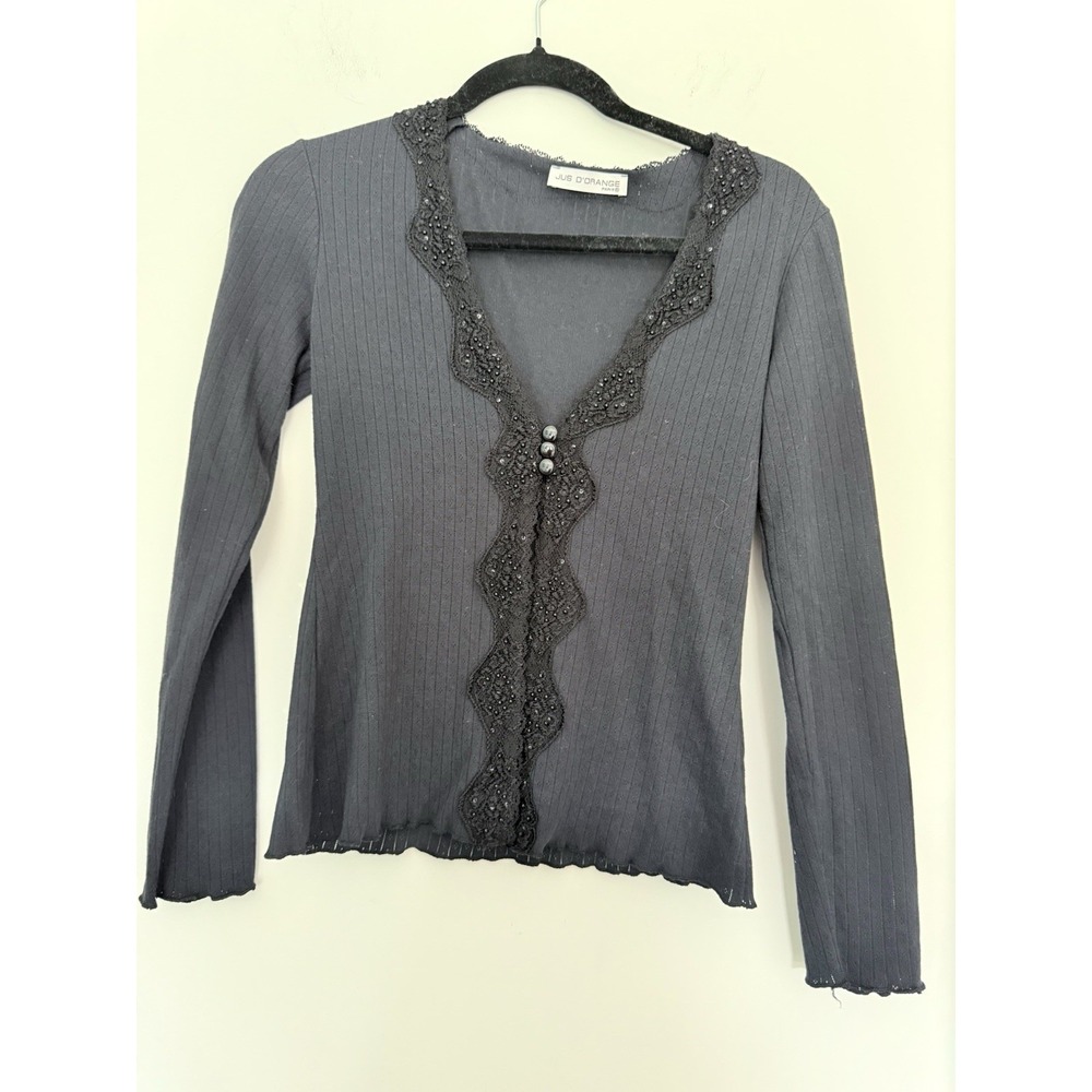 Jus d'Orange Paris Cardigan Top Y2K Black Embellished Pointelle Knit Whimsigoth - Picture 1 of 6